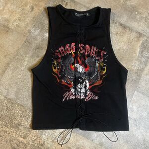 asos design size 4 flaming motorcycle and eagle lace up tanktop concert shirt
